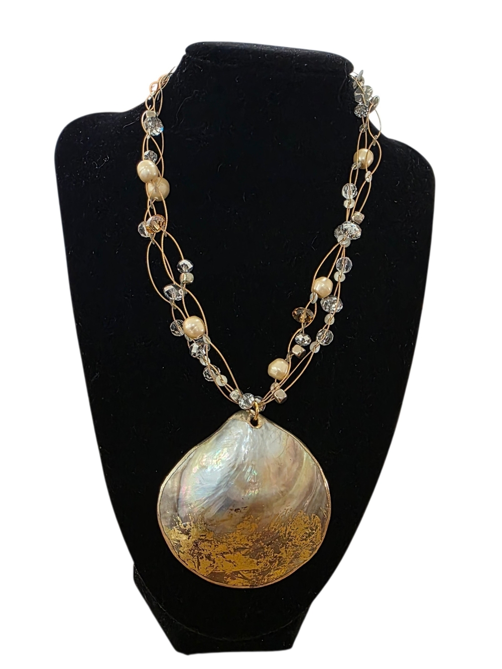 Chico's Gold-Tone Mother of Pearl Pendant Necklace with Pearls and Crystals